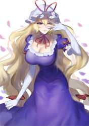 Rule 34 | 1girl, absurdres, blonde hair, breasts, cleavage, commentary, dress, elbow gloves, gloves, gunnjou yosio, hair between eyes, hat, highres, large breasts, long dress, long hair, looking at viewer, mob cap, one eye closed, petals, puffy short sleeves, puffy sleeves, purple dress, short sleeves, simple background, smile, solo, touhou, very long hair, w, w over eye, wavy hair, white background, white gloves, white hat, yakumo yukari