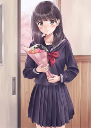 Rule 34 | 1girl, black hair, blush, bouquet, bow, classroom, closed mouth, commentary, cowboy shot, flower, graduation, grey eyes, highres, holding, holding bouquet, indoors, long hair, looking at viewer, original, pink flower, pleated skirt, red bow, red ribbon, ribbon, school, school uniform, serafuku, skirt, solo, standing, tears, white flower, yukimaru217