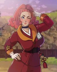 Rule 34 | 1girl, arm up, belt, big hair, blue eyes, blurry, blurry background, blush, breasts, choker, closed mouth, creatures (company), evening, fingerless gloves, game freak, gloves, hand on own head, hand on own hip, highres, jacket, jpeg artifacts, large breasts, lips, long sleeves, looking at viewer, nintendo, nose blush, one eye closed, outdoors, poke ball, pokemon, pokemon legends: arceus, red hair, sidelocks, skirt, smile, solo, taut clothes, taut jacket, vero, white gloves, zisu (pokemon)