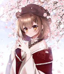 Rule 34 | 1girl, absurdres, beret, braid, braided bangs, brown eyes, brown hair, cherry blossoms, earrings, feathers, fingers together, floral print, gloves, hat, highres, hololive, hololive english, japanese clothes, jewelry, kimono, lace, lace gloves, looking at viewer, mnyang, multicolored hair, nanashi mumei, nanashi mumei (new year), official alternate costume, print kimono, red shawl, shawl, short hair, single earring, smile, streaked hair, virtual youtuber, white kimono
