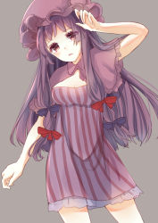 Rule 34 | 1girl, absurdres, adapted costume, breasts, capelet, cleavage, dress, female focus, hair ribbon, hat, highres, kashiwagi chisame, large breasts, long hair, looking at viewer, mob cap, patchouli knowledge, purple dress, purple eyes, purple hair, ribbon, solo, striped clothes, striped dress, touhou, tress ribbon, very long hair