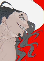 Rule 34 | 1boy, black hair, chromatic aberration, commentary request, evil smile, facial hair, floating hair, goatee, hat, highres, long hair, looking ahead, male focus, one piece, profile, red background, rob lucci, sc scandium, simple background, smile, solo, upper body, v-shaped eyebrows, veins, white hat