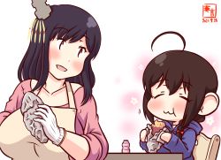 Rule 34 | 2girls, :3, ahoge, alternate costume, artist logo, beige apron, black hair, blue hoodie, braid, brown hair, chair, closed eyes, collarbone, commentary request, dated, eating, food, gloves, hair ornament, hair over shoulder, holding, holding food, hood, hood down, hoodie, kanon (kurogane knights), kantai collection, long sleeves, multiple girls, one-hour drawing challenge, open mouth, pink shirt, red eyes, roasted sweet potato, shigure (kancolle), shirt, short hair, simple background, single braid, sitting, smile, sweet potato, white background, white gloves, roasted sweet potato, yakult, yamashiro (kancolle)