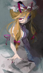 Rule 34 | 1girl, black sclera, blonde hair, closed mouth, colored sclera, commentary request, cowboy shot, diao ye zong, dress, eyelashes, frilled hat, frills, grey background, hair over shoulder, hair ribbon, hat, hat ribbon, heterochromia, highres, long dress, long hair, low-tied long hair, mismatched sclera, mob cap, nail polish, outstretched hand, puffy short sleeves, puffy sleeves, purple eyes, purple tabard, red eyes, red nails, red ribbon, ribbon, ribbon-trimmed headwear, ribbon-trimmed sleeves, ribbon trim, sakamoto (pompa), short sleeves, simple background, sleeve ribbon, smile, solo, tabard, touhou, white dress, white hat, white sleeves, yakumo yukari