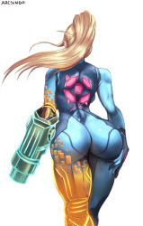 Rule 34 | 1girl, absurdres, arcsinge, ass, ass focus, back, backboob, blonde hair, bodysuit, breasts, female focus, from behind, highres, huge ass, metroid, metroid dread, nintendo, ponytail, samus aran, simple background, skin tight, solo, super smash bros., transforming clothes, white background, zero suit