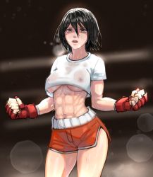 Rule 34 | 1girl, abs, black eyes, black hair, boxing, boxing ring, boxing shorts, breasts, clenched hands, covered erect nipples, female focus, highres, inverto, looking at viewer, medium breasts, midriff, mikasa ackerman, muscular, muscular female, navel, open mouth, see-through, shingeki no kyojin, shiny skin, short hair, short shorts, shorts, solo, standing, sweat, tareme, teeth, underboob, upper body, upper teeth only