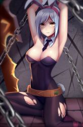 Rule 34 | 1girl, alternate costume, animal ears, armpits, arms up, battle bunny riven, bdsm, belt, black pantyhose, breasts, broken, broken sword, broken weapon, chain, collar, fake animal ears, female focus, folded ponytail, highres, imminent rape, large breasts, league of legends, leotard, looking at viewer, pantyhose, playboy bunny, rabbit ears, restrained, riven (league of legends), short hair, silver hair, solo, spichis, sweatdrop, sword, tiles, torn clothes, torn pantyhose, weapon, worried, yellow eyes