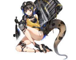 Rule 34 | 1girl, absurdres, arknights, arm strap, bandeau, bare legs, bare shoulders, black hair, black scarf, blue eyes, blue hairband, eunectes (arknights), feet, goggles, goggles on head, hairband, highres, holding, holding weapon, looking at viewer, sandals, scarf, shield, short hair, snake tail, strapless, tail, tube top, weapon, xiao dingdang nayo