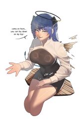 Rule 34 | 1girl, absurdres, alternate costume, arknights, blue eyes, blue hair, breasts, cropped legs, detached wings, halo, highres, large breasts, long hair, long sleeves, looking at viewer, mostima (arknights), najashi, open mouth, simple background, solo, speech bubble, white background, wings