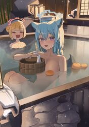 Rule 34 | 2girls, absurdres, animal ears, bathing, blonde hair, blue archive, blue halo, breasts, green hair, halo, highres, looking at viewer, medium breasts, multiple girls, nodoka (blue archive), nodoka (hot spring) (blue archive), official alternate costume, onsen, partially submerged, purple eyes, red eyes, red halo, shigure (blue archive), shigure (hot spring) (blue archive), short hair, tail, water, weasel ears, weasel tail, welsh (wel sh)