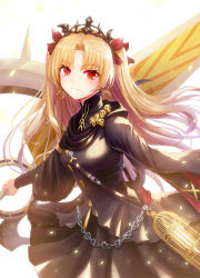 Rule 34 | 1girl, birdcage, black dress, blonde hair, bow, breasts, cage, closed mouth, commentary request, dress, earrings, ereshkigal (fate), ereshkigal (third ascension) (fate), fate/grand order, fate (series), hair bow, highres, infinity symbol, jewelry, long hair, long sleeves, medium breasts, parted bangs, red bow, red eyes, revision, seungju lee, simple background, skull, smile, solo, tiara, two side up, very long hair, white background