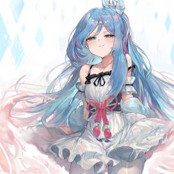 Rule 34 | 1girl, absurdres, bare shoulders, beads, blue hair, blush, collarbone, cowboy shot, crystal, detached sleeves, dress, duel monster, feather boa, frilled dress, frills, hair ornament, half-closed eyes, highres, long hair, milmir, multicolored hair, pantyhose, pink hair, purple eyes, rilliona (yu-gi-oh!), smile, smug, solo, spaghetti strap, streaked hair, white pantyhose, witchcrafter madame verre, yu-gi-oh!