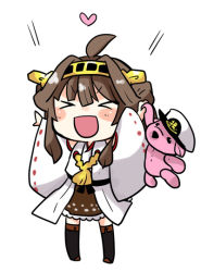 Rule 34 | &gt; &lt;, 10s, 1girl, :d, ahoge, arms up, blush, brown hair, chibi, closed eyes, hairband, hat, heart, kantai collection, kongou (kancolle), lr hijikata, nontraditional miko, open mouth, simple background, smile, solo, stuffed animal, stuffed toy, teddy bear, white background, wide sleeves, xd