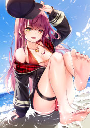 Rule 34 | 1girl, bare shoulders, barefoot, beach, bikini, blue sky, blush, breasts, cleavage, collarbone, commentary request, feet, foot focus, foreshortening, heterochromia, highres, hololive, houshou marine, houshou marine (summer), large breasts, legs, long hair, long sleeves, looking at viewer, open mouth, red eyes, red hair, revision, shore, sitting, sky, smile, soles, solo, swimsuit, toes, virtual youtuber, yan (nicknikg), yellow eyes