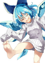 Rule 34 | 1girl, barefoot, blue bow, blue hair, bow, cirno, deetamu, closed eyes, hair bow, highres, naked sweater, open mouth, ribbed sweater, sleeves past fingers, sleeves past wrists, solo, sweater, touhou, turtleneck, turtleneck sweater, white sweater, wings