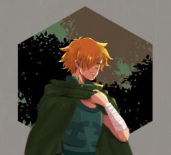 Rule 34 | 1boy, bandaged arm, bandages, cloak, closed mouth, fate/extra, fate (series), green cloak, green eyes, green shirt, grey background, hair over one eye, male focus, orange hair, robin hood (fate), sasago335, shirt, short hair, smile, toned, toned male, upper body