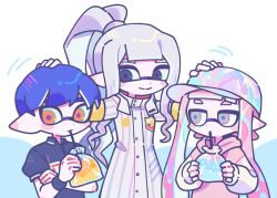 Rule 34 | 1boy, 2girls, baseball cap, black eyes, blue hair, blush, buttons, closed mouth, coat, commentary request, drink, drinking, drinking straw, grey eyes, grey hair, hand on another&#039;s head, hat, height difference, high ponytail, holding, holding drink, hood, hoodie, inkling, inkling boy, inkling girl, inkling player character, korean commentary, long hair, multiple girls, nintendo, orange eyes, pink hair, pink hoodie, pointy ears, short hair, simple background, smile, splatoon (series), tentacle hair, ufo sw, white background, white coat