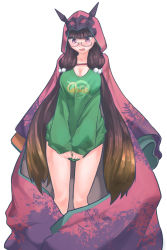 Rule 34 | 1girl, arka91, black hair, blouse, blush, bottomless, breasts, brown hair, cleavage, clothes writing, embarrassed, fate/grand order, fate (series), glasses, gradient hair, green shirt, hair bobbles, hair ornament, hood, hooded robe, large breasts, long hair, looking down, multicolored hair, naked shirt, open mouth, osakabehime (fate), purple eyes, quick shirt, robe, shirt, shirt tug, simple background, solo, twintails, wavy mouth, white background