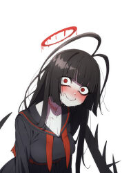Rule 34 | 1girl, absurdly long hair, afnroll, black footwear, black hair, black sailor collar, black serafuku, black shirt, black skirt, black wings, blood, blue archive, blush, commentary request, highres, long hair, pleated skirt, red eyes, sailor collar, school uniform, serafuku, shadow, shirt, shoes, skirt, solo, standing, sweat, tsurugi (blue archive), very long hair, white background, wide-eyed, wings