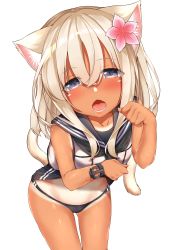 Rule 34 | 10s, 1girl, :o, absurdres, animal ears, bikini, bikini bottom only, bikini under clothes, black bikini, blue eyes, blush, cat ears, cat tail, clothes lift, collarbone, flower, go-1, hair between eyes, hair flower, hair ornament, head tilt, highres, kantai collection, kemonomimi mode, leaning forward, lifted by self, long hair, looking at viewer, old school swimsuit, one-piece tan, open mouth, paw pose, ro-500 (kancolle), sailor collar, school swimsuit, school swimsuit flap, shiny skin, simple background, sleeveless, solo, swimsuit, swimsuit under clothes, tail, tan, tanline, thigh gap, white background