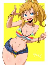 Rule 34 | 1girl, aono3, bikini, bikini under clothes, blonde hair, blue eyes, blue shorts, bracelet, breasts, character name, cleavage, clenched hand, commentary, cowboy shot, denim, denim shorts, eyelashes, front-tie bikini top, front-tie top, groin, hair bobbles, hair ornament, head tilt, highres, idolmaster, idolmaster cinderella girls, idolmaster cinderella girls starlight stage, jewelry, leaning to the side, looking at viewer, medium breasts, medium hair, micro shorts, multicolored stripes, navel, ohtsuki yui, open clothes, open fly, open mouth, open shorts, outside border, ponytail, rainbow bikini, shorts, simple background, smile, solo, standing, star (symbol), star bracelet, star hair ornament, striped bikini, striped clothes, swimsuit, thigh gap, thighs, w arms, waving, yellow background