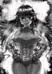 Rule 34 | 1girl, abs, armlet, bandages, bandaged arm, bandages, belt, breasts, curvy, denim, explosion, facial scar, fire, glowing, glowing eyes, greyscale, hand wraps, hands on own hips, highleg, highleg leotard, highres, hip focus, jeans, large breasts, leotard, leotard under clothes, long hair, looking at viewer, monochrome, muscular, muscular female, pants, ramia-yana, ramia (ramia-yana), scar, scar on cheek, scar on face, scar on nose, skin tight, sleeveless, narrow waist, smoke, solo, the golden smurf, thick thighs, thighs, veins, wide hips, you gonna get raped