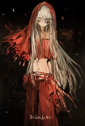 Rule 34 | 1girl, arms at sides, artist name, bad id, bad pixiv id, black background, closed eyes, crop top, dress, english text, long hair, midriff, original, qtonagi, red scarf, red skirt, scarf, skirt, solo, standing, stomach, white hair