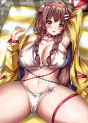 Rule 34 | 1girl, a re, animal collar, animal ears, arm behind head, blush, bra, braid, breasts, brown hair, cameltoe, collar, dog ears, fang, front-tie top, hair between eyes, hair ornament, hairpin, highres, hololive, inugami korone, jacket, large breasts, leg strap, long hair, looking at viewer, lying, on back, open mouth, panties, sweat, tail, twin braids, underwear, virtual youtuber, white bra, white panties, yellow eyes, yellow jacket