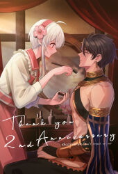 Rule 34 | 2boys, abs, ahoge, alternate costume, anniversary, applying makeup, black hair, blush, closed eyes, commentary request, copyright notice, crossdressing, dress, earrings, english text, evelogia, flower, from side, hair between eyes, hair flower, hair ornament, hairband, highres, holding, holding brush, hoop earrings, jewelry, kajiwara io, light particles, light rays, looking at another, makeup brush, male focus, maou evelogia ni mi wo sasage yo, mirror, multiple boys, muscular, muscular male, pink flower, pink hairband, profile, red curtains, red eyes, short hair, short hair with long locks, sitting, size difference, thank you, toshiaki gozu, trap, vase