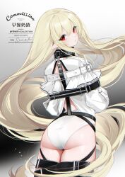 Rule 34 | 1girl, absurdres, ass, belt, blonde hair, collar, commission, from behind, highres, long hair, long sleeves, looking at viewer, original, pointy ears, red eyes, restrained, solo, straitjacket, vampire, very long hair, zaocan nai cha
