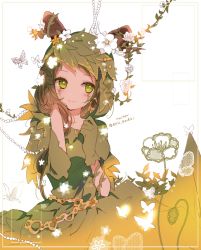 Rule 34 | 1girl, artist name, bad id, bad pixiv id, brown hair, bug, butterfly, collarbone, dress, earrings, eric knikki, facial mark, fiona gilman, flower, gloves, green dress, green eyes, green gloves, guide (identity v), hair ornament, hand in own hair, hood, hood up, horn ornament, horns, identity v, insect, jewelry, leaf, looking at viewer, official alternate costume, plant, sideways glance, signature, simple background, sitting, smile, solo, twitter username, vines