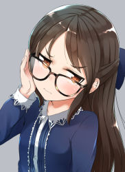 Rule 34 | 10s, 1girl, adjusting eyewear, bespectacled, blue bow, blush, bow, brown eyes, brown hair, comah, commentary request, frown, furrowed brow, glasses, hair bow, half updo, head tilt, idolmaster, idolmaster cinderella girls, idolmaster cinderella girls starlight stage, long hair, long sleeves, looking over eyewear, looking to the side, simple background, solo, tachibana arisu, upper body, wavy mouth
