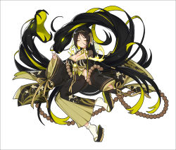 Rule 34 | 1girl, absurdres, black hair, breasts, cleavage, clothing cutout, earrings, floral print, full body, gold earrings, hair ribbon, highres, ibex, jewelry, large breasts, long hair, long sleeves, looking at viewer, original, ribbon, side cutout, simple background, snake, solo, very long hair, white background, white legwear, wide sleeves, yellow eyes