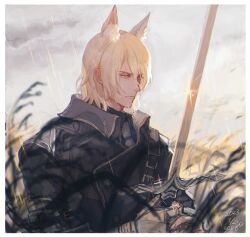 Rule 34 | 1boy, animal ear fluff, animal ears, arknights, black coat, blonde hair, blurry, blurry foreground, border, cloud, cloudy sky, coat, dated, frown, gauntlets, grey sky, holding, holding sword, holding weapon, horse boy, horse ears, looking to the side, male focus, mlynar (arknights), oisyox72, outdoors, rain, reeds, short hair, signature, sky, solo, sparkle, sword, upper body, weapon, yellow eyes