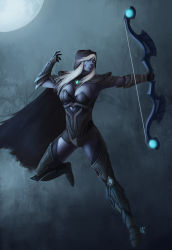 Rule 34 | 1girl, armor, arrow (projectile), bow, breasts, dark elf, defense of the ancients, dota (series), drow ranger, drow ranger (dota), elf, green eyes, large breasts, long hair, pointy ears, weapon, white hair