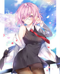Rule 34 | 1girl, black pantyhose, blush, breasts, closed mouth, fate/grand order, fate (series), glasses, large breasts, looking at viewer, mash kyrielight, necktie, pantyhose, pingo, purple eyes, purple hair, red necktie, short hair, smile, solo