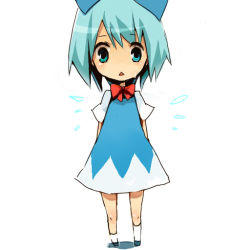 Rule 34 | 1girl, bow, bowtie, chibi, cirno, embodiment of scarlet devil, female focus, red bow, red bowtie, rin (artist), rin (royal), simple background, socks, solo, touhou, white socks