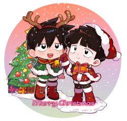 Rule 34 | 2boys, black eyes, black hair, boots, box, brothers, chibi, christmas, christmas ornaments, christmas tree, closed mouth, commentary, english text, fake antlers, full body, gift, gift box, green santa costume, hat, highres, holding, holding gift, kageyama ritsu, kageyama shigeo, long sleeves, male focus, merry christmas, mob psycho 100, multiple boys, open mouth, pori io, red footwear, santa costume, santa hat, short hair, siblings, simple background, smile, standing, symbol-only commentary, white background