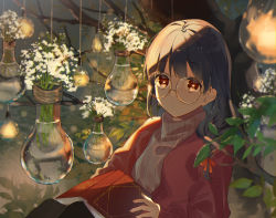 Rule 34 | 1girl, absurdres, black hair, black legwear, blurry, blurry foreground, book, braid, branch, brown eyes, commentary request, depth of field, flower, glasses, grey sweater, hair ribbon, hanging light, hanging plant, highres, holding, holding book, huge filesize, jacket, knees up, leaf, light bulb, long hair, long sleeves, looking at viewer, omutatsu, open book, open clothes, open jacket, original, red jacket, red ribbon, ribbed sweater, ribbon, round eyewear, sleeves past wrists, solo, sweater, tree, turtleneck, turtleneck sweater, water, white flower