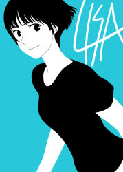 Rule 34 | 1girl, blue theme, bob cut, breasts, closed mouth, commentary, gake no ue no ponyo, graphite (medium), jas (littlecrime), lisa (ponyo), looking at viewer, monochrome, shirt, short hair, simple background, smile, solo, t-shirt, traditional media