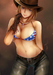 Rule 34 | 1girl, american flag bikini, arm behind back, bikini, bikini top only, blonde hair, blue eyes, breasts, brown background, brown hat, cleavage, cowboy hat, cowboy western, dead or alive, dead or alive 5, denim, female focus, flag print, gloves, gradient background, hat, jeans, jewelry, large breasts, looking at viewer, nannacy7, navel, necklace, pants, solo, stomach, swimsuit, tecmo, tina armstrong, torn clothes