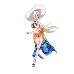 Rule 34 | 1girl, bare legs, bare shoulders, belly, bikini, blonde hair, blue bikini, blue eyes, breasts, earrings, finger on lips, flower (symbol), hair over one eye, hat, high heels, jewelry, leg up, legs, long hair, looking at viewer, midriff, naruto (series), naruto shippuuden, navel, official alternate costume, official art, sarong, smile, solo, swimsuit, yamanaka ino