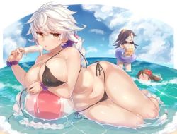 Rule 34 | 10s, 3girls, alternate costume, amagi (kancolle), bad id, bad twitter id, ball, bikini, black bikini, black hair, blue eyes, blush, braid, breasts, brown eyes, brown hair, cleavage, closed eyes, cloud, covering privates, covering breasts, curvy, day, food, holding, in water, jitome, kantai collection, katsuragi (kancolle), large breasts, long hair, looking at viewer, multiple girls, navel, ocean, outdoors, partially submerged, pokoten (pokoten718), popsicle, scrunchie, sexually suggestive, single braid, sky, smile, soaking feet, sparkle, swimming, swimsuit, unryuu (kancolle), untied bikini, very long hair, wading, water, wavy hair, white hair, wide hips, wrist scrunchie