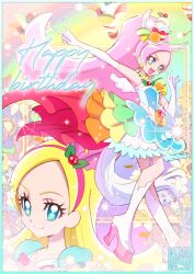 Rule 34 | + +, 1girl, birthday, blonde hair, colored eyelashes, commentary, commentary request, cure parfait, dress, food, hair ornament, happy, happy birthday, headband, kamikita futago, kirahoshi ciel, kirakira precure a la mode, looking at viewer, outstretched arm, pink hair, precure, sleeveless, sleeveless dress, solo, tail, v, wings