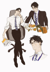 Rule 34 | 1boy, akaashi keiji, black eyes, black hair, black jacket, black pants, blue necktie, book, business casual, chengongzi123, closed mouth, collared jacket, collared shirt, commentary, crossed legs, elbow rest, english commentary, full body, furrowed brow, glasses, haikyuu!!, hand on own face, head rest, highres, holding, holding book, jacket, lanyard, long sleeves, looking at viewer, male focus, microphone, multiple views, necktie, office, pants, podium, rimless eyewear, shirt, short hair, simple background, sitting, striped necktie, swivel chair, very short hair, white background, white shirt