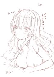 Rule 34 | 10s, 1girl, 2014, ashigara (kancolle), bed, blush, breasts, collarbone, dated, kantai collection, large breasts, long hair, looking at viewer, lying, monochrome, nipples, nude, october, ozaki mirai, sketch, upper body
