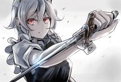 Rule 34 | 1girl, bad id, bad twitter id, braid, closed mouth, foreshortening, gloves, holding, holding knife, holding weapon, izayoi sakuya, jan (lightdragoon), knife, looking at viewer, maid, maid headdress, puffy short sleeves, puffy sleeves, red eyes, short hair, short sleeves, silver hair, solo, touhou, twin braids, weapon, white gloves, wrist cuffs