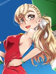 Rule 34 | 1girl, alternate costume, alternate hairstyle, blonde hair, blue background, braid, braided bangs, brown eyes, commentary request, dress, hair ribbon, kantai collection, long hair, looking at viewer, low ponytail, race queen, red dress, ribbon, solo, thick eyebrows, udukikosuke, upper body, wavy hair, zara (kancolle)