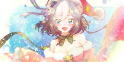 Rule 34 | 1girl, animal ears, bare shoulders, bell, blue eyes, blurry, bob cut, bow, bowtie, braid, breasts, brown hair, christmas, chromatic aberration, cleavage, colored pencil (medium), commentary, crown braid, detached collar, detached sleeves, dress, ear bow, fur-trimmed dress, fur-trimmed sleeves, fur trim, hair ribbon, hat, highres, horse ears, horse girl, katsuragi (webmaster909), looking at viewer, medium breasts, multicolored hair, open mouth, plaid, plaid bow, plaid bowtie, red bow, red bowtie, red sleeves, ribbon, santa dress, santa hat, short hair, smile, solo, sparkle, sparkling eyes, special week (umamusume), star (symbol), strapless, strapless dress, tilted headwear, traditional media, twitter username, umamusume, white hair, wind