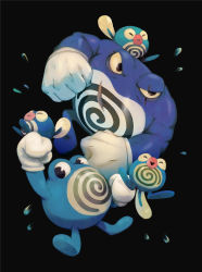 Rule 34 | black background, clenched hand, commentary, creatures (company), english commentary, evolutionary line, game freak, gen 1 pokemon, gloves, highres, mosaur, nintendo, no humans, pokemon, pokemon (creature), poliwag, poliwhirl, poliwrath, scar, scar across eye, scar on face, simple background, white gloves